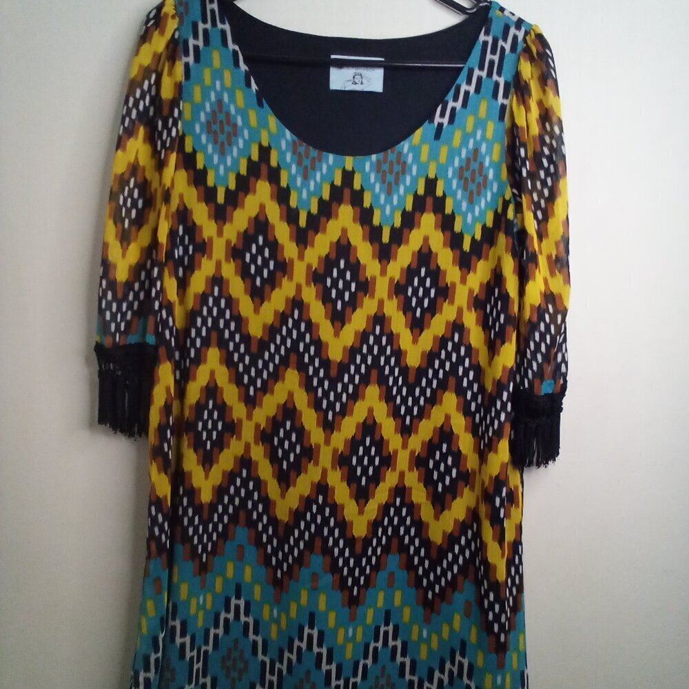 Judith March Dress Women M Half Sleeve Fringe Lined Pattern Gold Black Blue